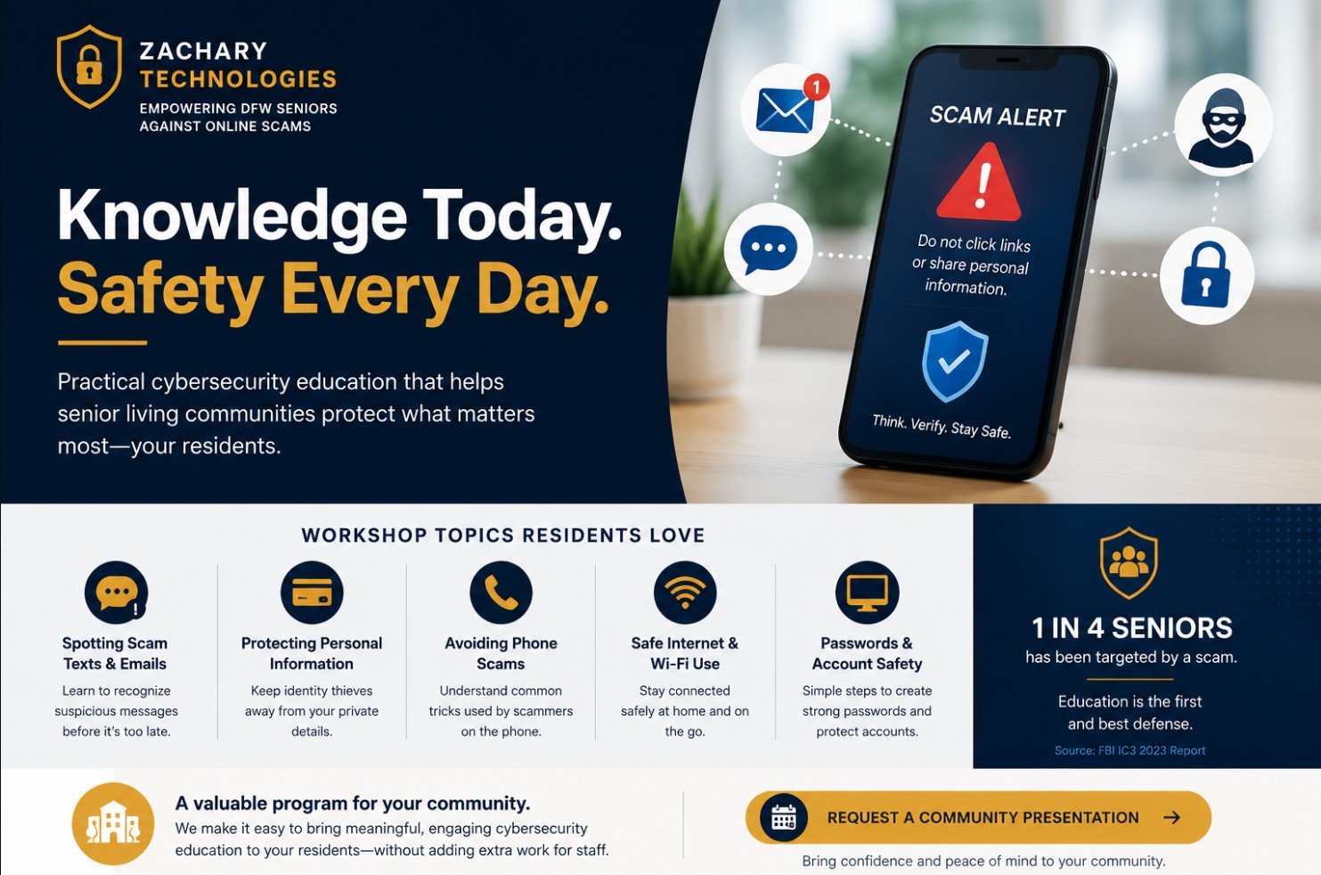 Zachary Technologies program flyer: Knowledge Today, Safety Every Day — workshop topics and community benefits