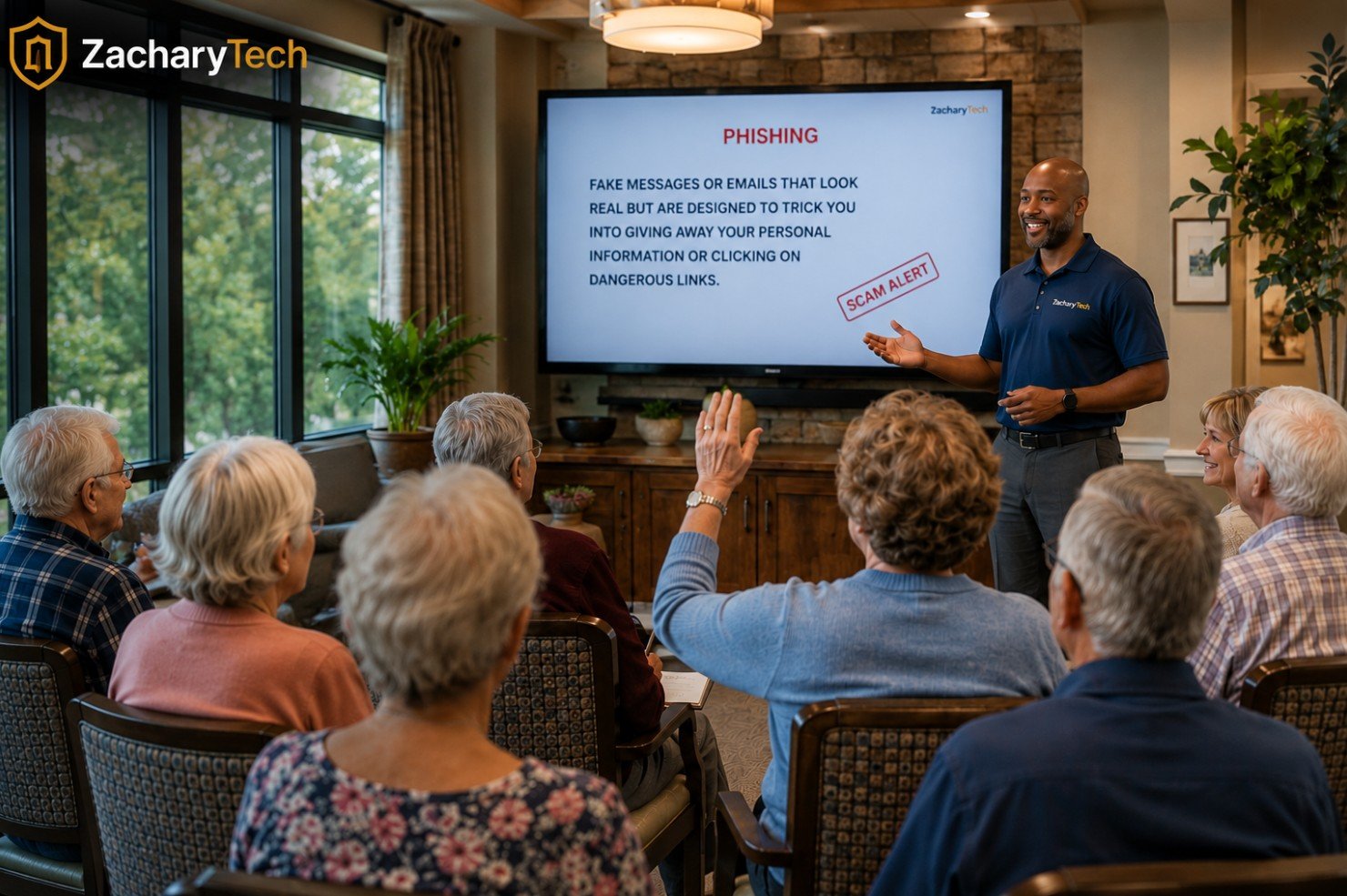 Zachary Technologies founder leading a phishing-awareness workshop for residents at a senior living community